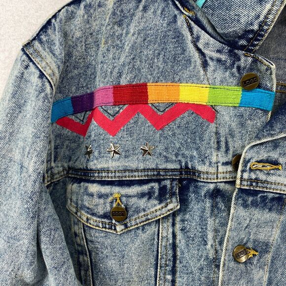 JD DESIGNWORKS Jacket Mens L Painted Applique Denim Trucker Button Up Blue VTG - Picture 4 of 16